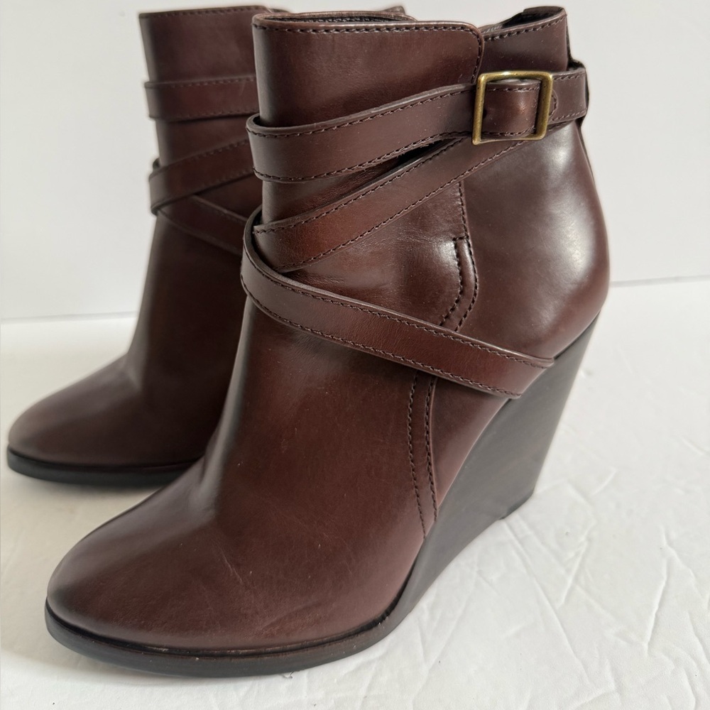 Frye Brown Wedge Heel Ankle Booties Boots with Gold Buckle Women Size 6.5